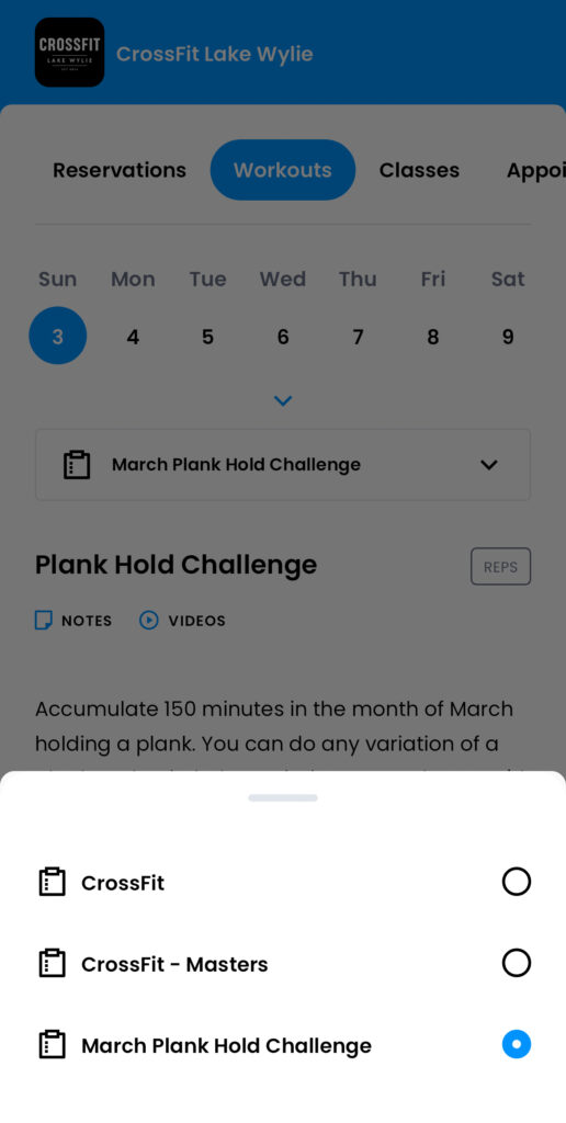 Screen shot of PushPress app showing where to access the monthly challenge